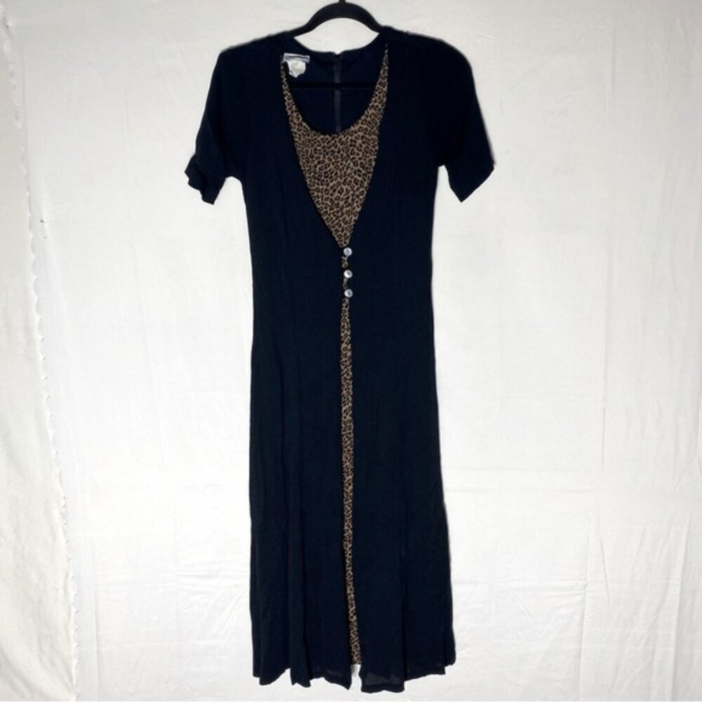 SOLD-Vintage 90’s La Redoute Black W Animal Print Short Sleeve Midi Dress 6